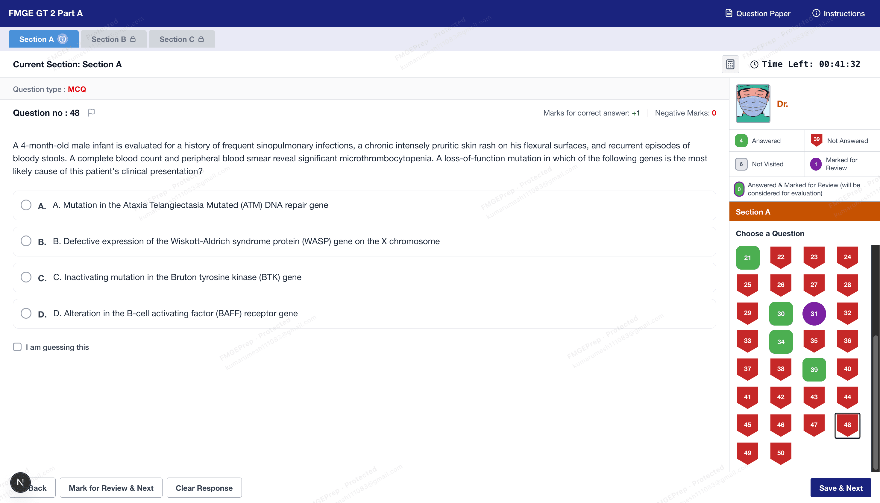 Kinase Grand Test interface showing section-wise timed test matching the real NEET-PG & INICET pattern