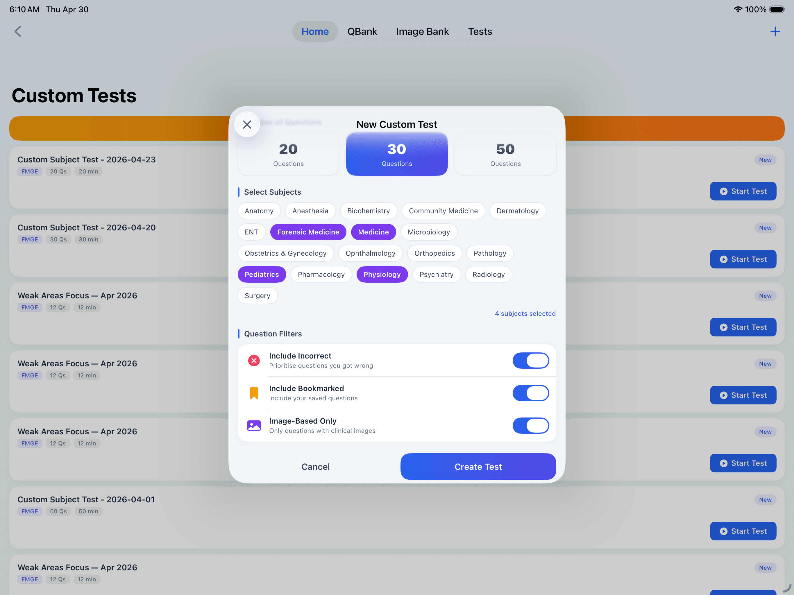 Kinase Custom Test builder — subject mix and topic filters